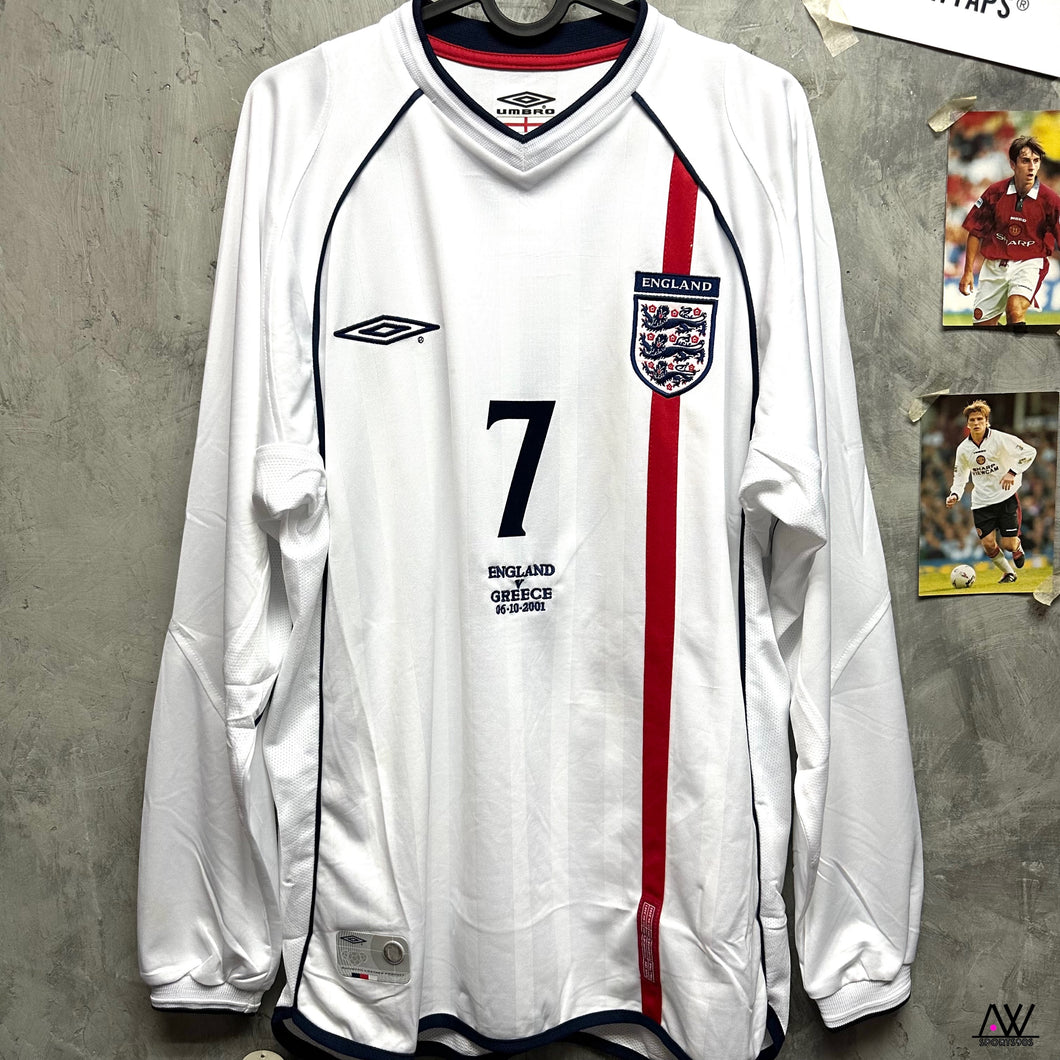 2001-02 英格蘭｜主場長䄂｜#7 碧咸｜vs 希臘刺繡對賽日期｜BNWT｜2001-02 England Home L/S with vs Greece #7 Beckham ( Multiple Sizes )